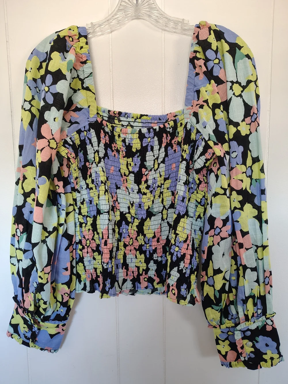 Free People Black Floral Smocked Puff-Sleeve Top